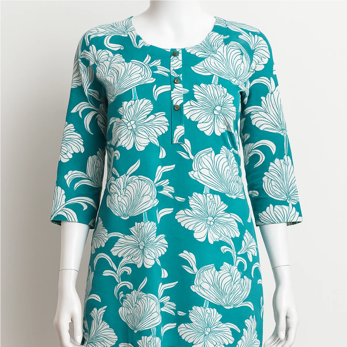 Teal dress with white floral pattern on a mannequin against a white background