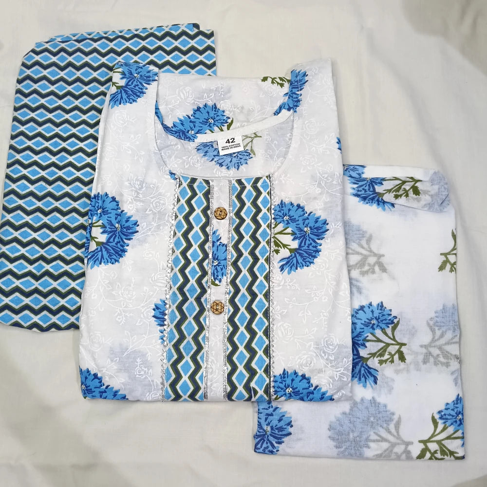 Jaipur Cotton Flower Design Pure White & Blue