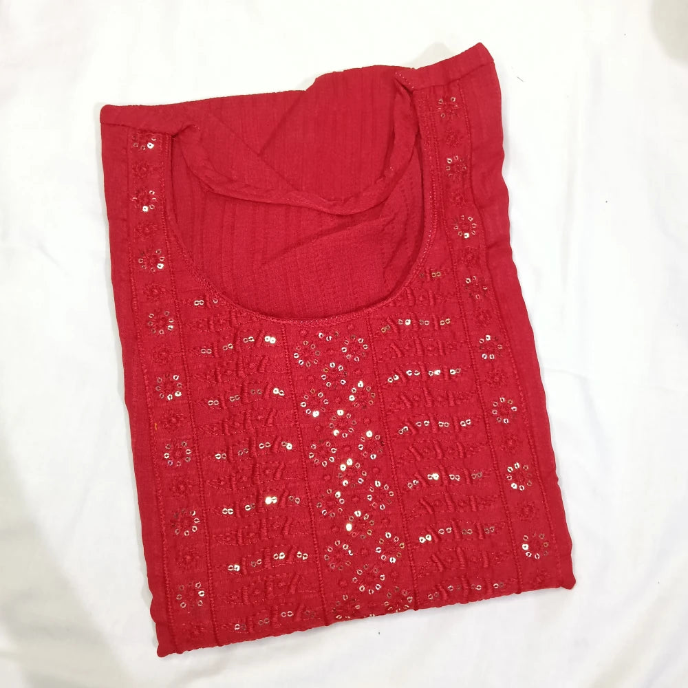 Popcorn Neck Embroidery Plain Top Dark Red