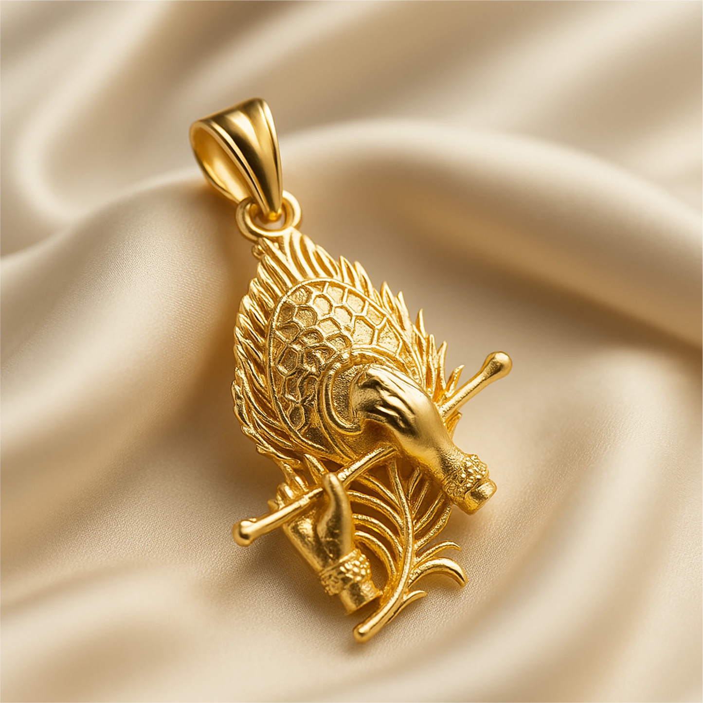 Gold pendant on a beige satin background