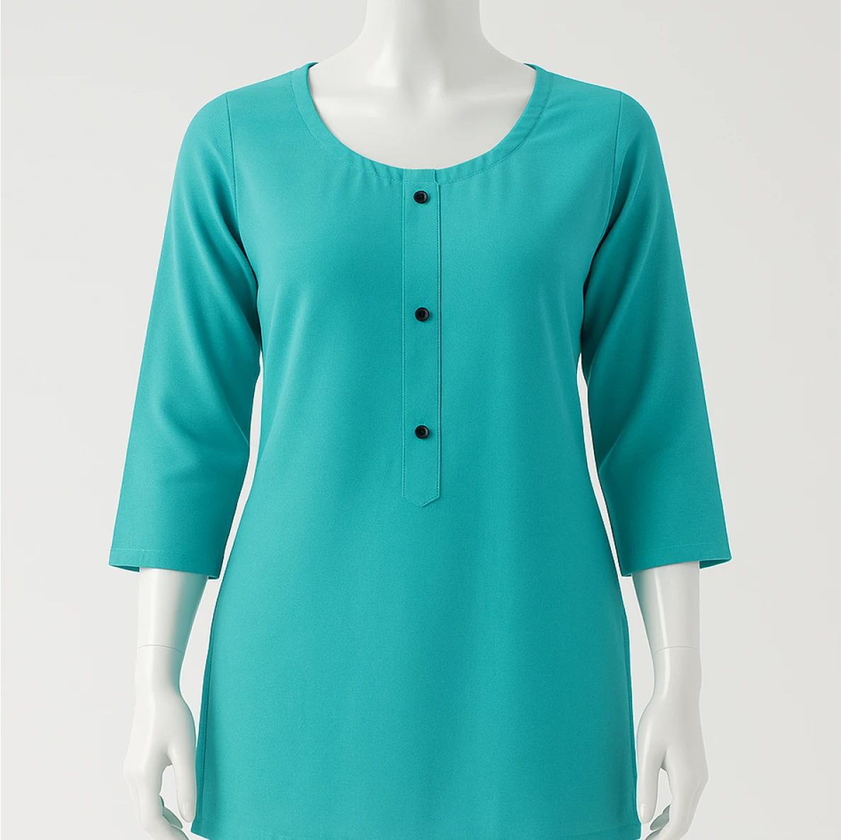 Teal dress on a mannequin against a white background