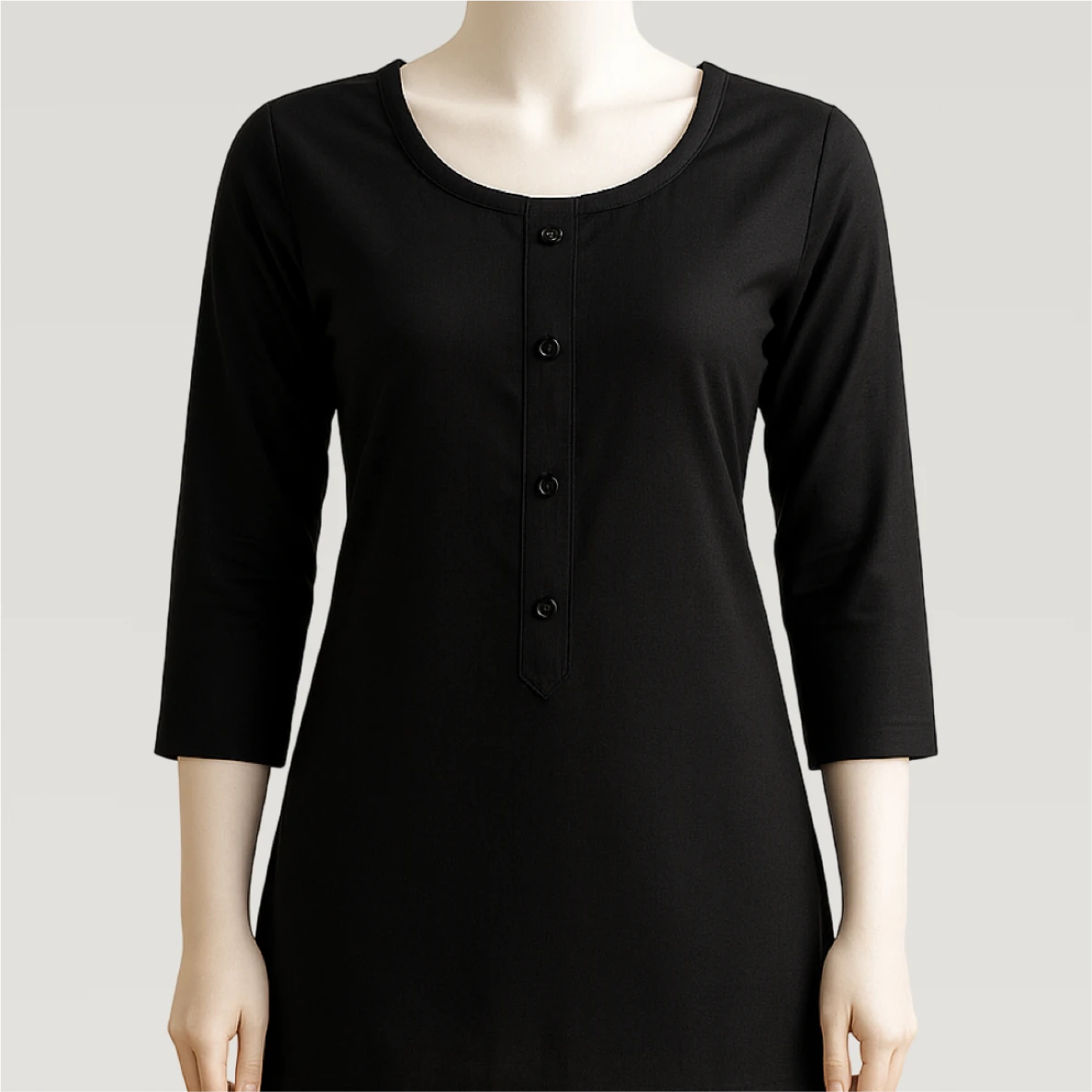 Black dress with buttons on a mannequin against a gray background