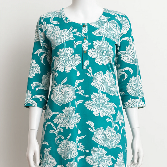 Teal dress with white floral pattern on a mannequin against a white background