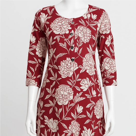 Red dress with white floral pattern on a mannequin against a white background