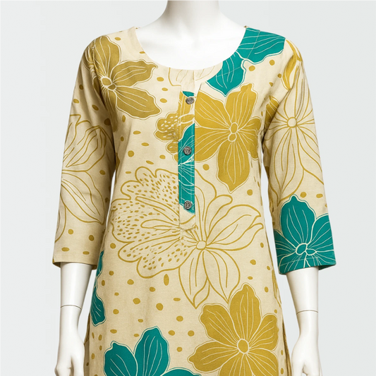 Beige dress with green and yellow floral patterns on a mannequin against a white background