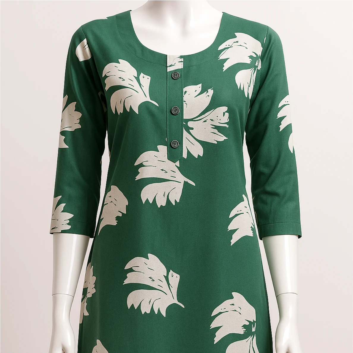 Green dress with white floral pattern on a mannequin against a light background