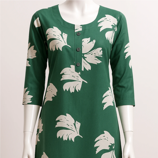 Green dress with white floral pattern on a mannequin against a light background