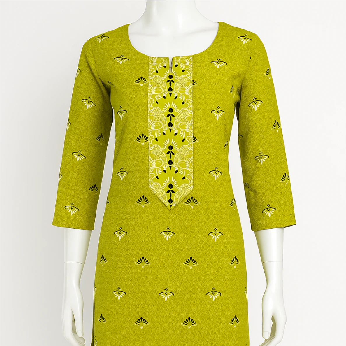Green kurta with yellow floral patterns on a white background