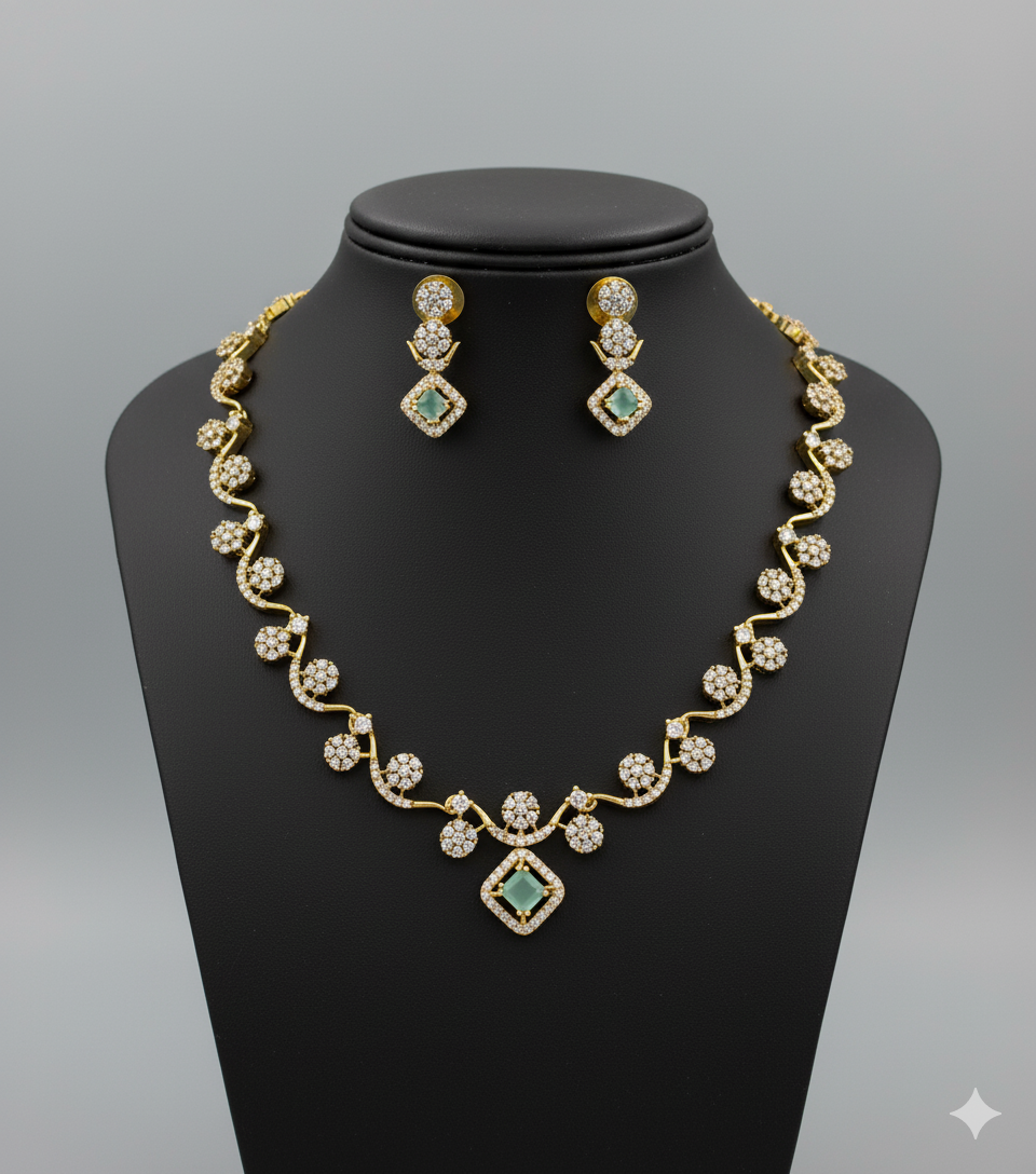 Floral Ad Gold Plated Necklace with Earring White & green
