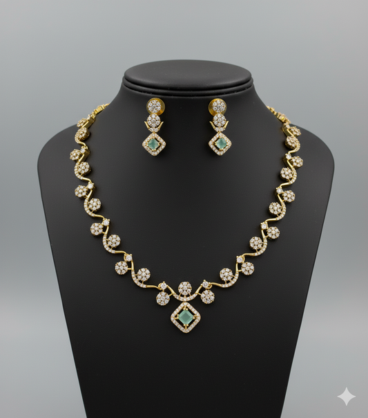Floral Ad Gold Plated Necklace with Earring White & green