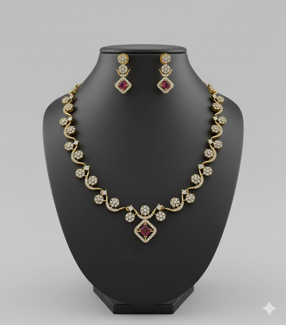 Floral Ad Gold Plated Necklace with Earring White & Red