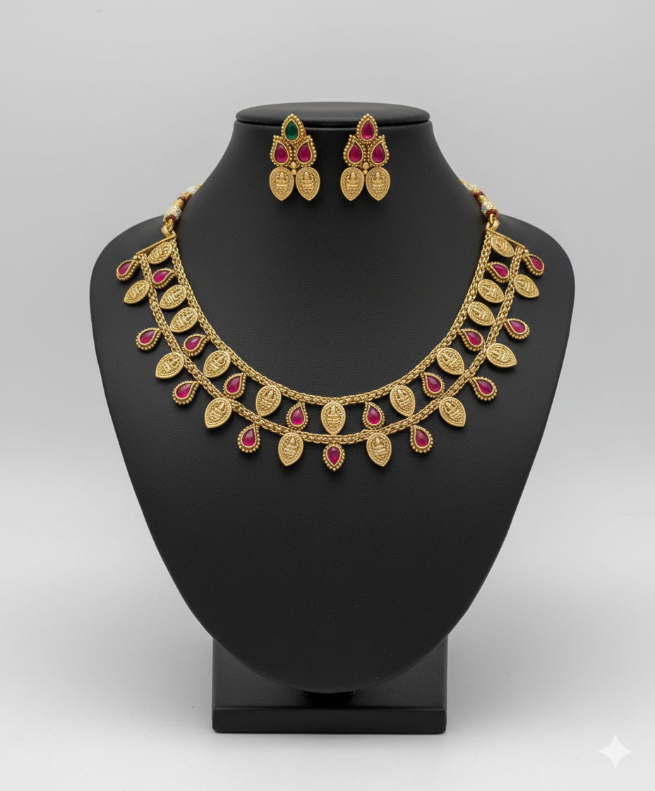 Manga Design Gold Plated Necklace with Earring Red