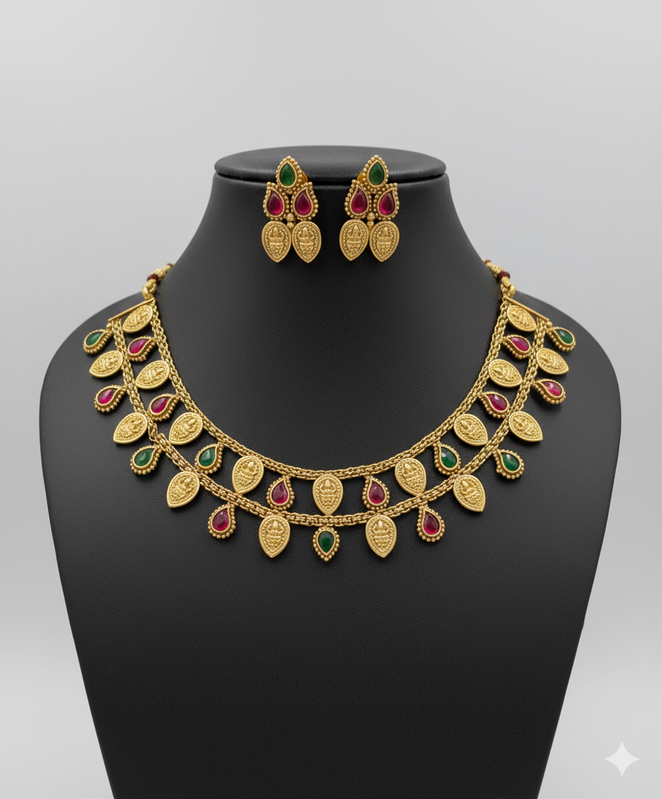 Manga Design Gold Plated Necklace with Earring Red and Green