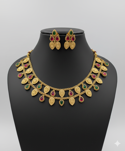 Manga Design Gold Plated Necklace with Earring Red and Green