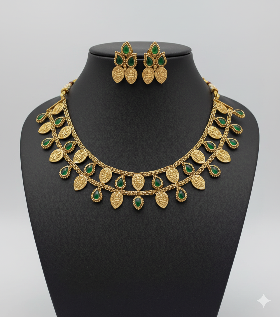 Manga Design Gold Plated Necklace with Earring Green