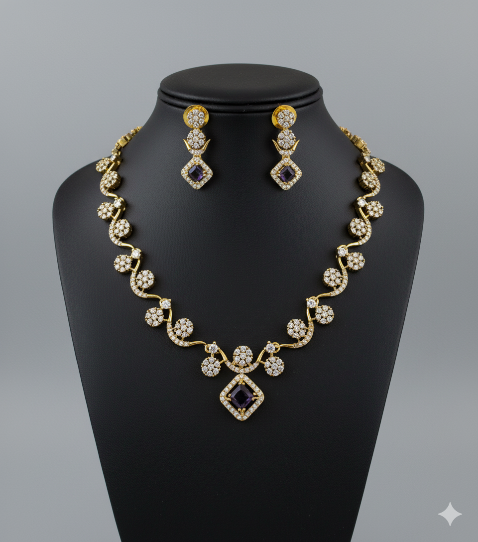 Floral Ad Gold Plated Necklace with Earring White & violet