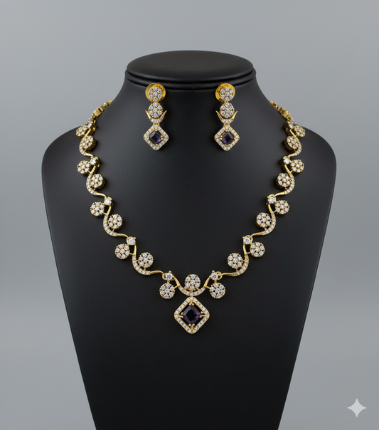 Floral Ad Gold Plated Necklace with Earring White & violet