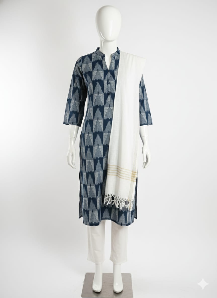 pure  Cotton Flower Design and straight pant  Pure White & Blue