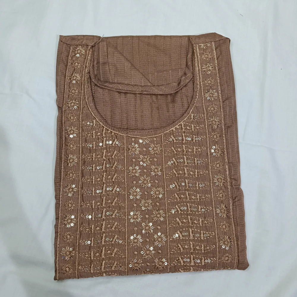 Popcorn Neck Embroidery Plain Top Light Brown