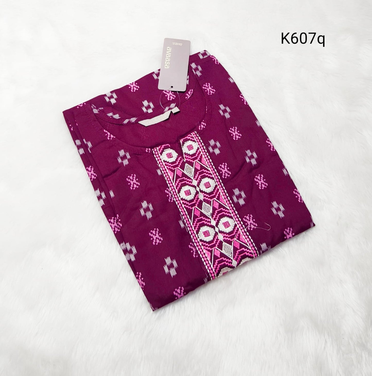 Avaasa Reyon Emb Neck Design Side Open Top Purple