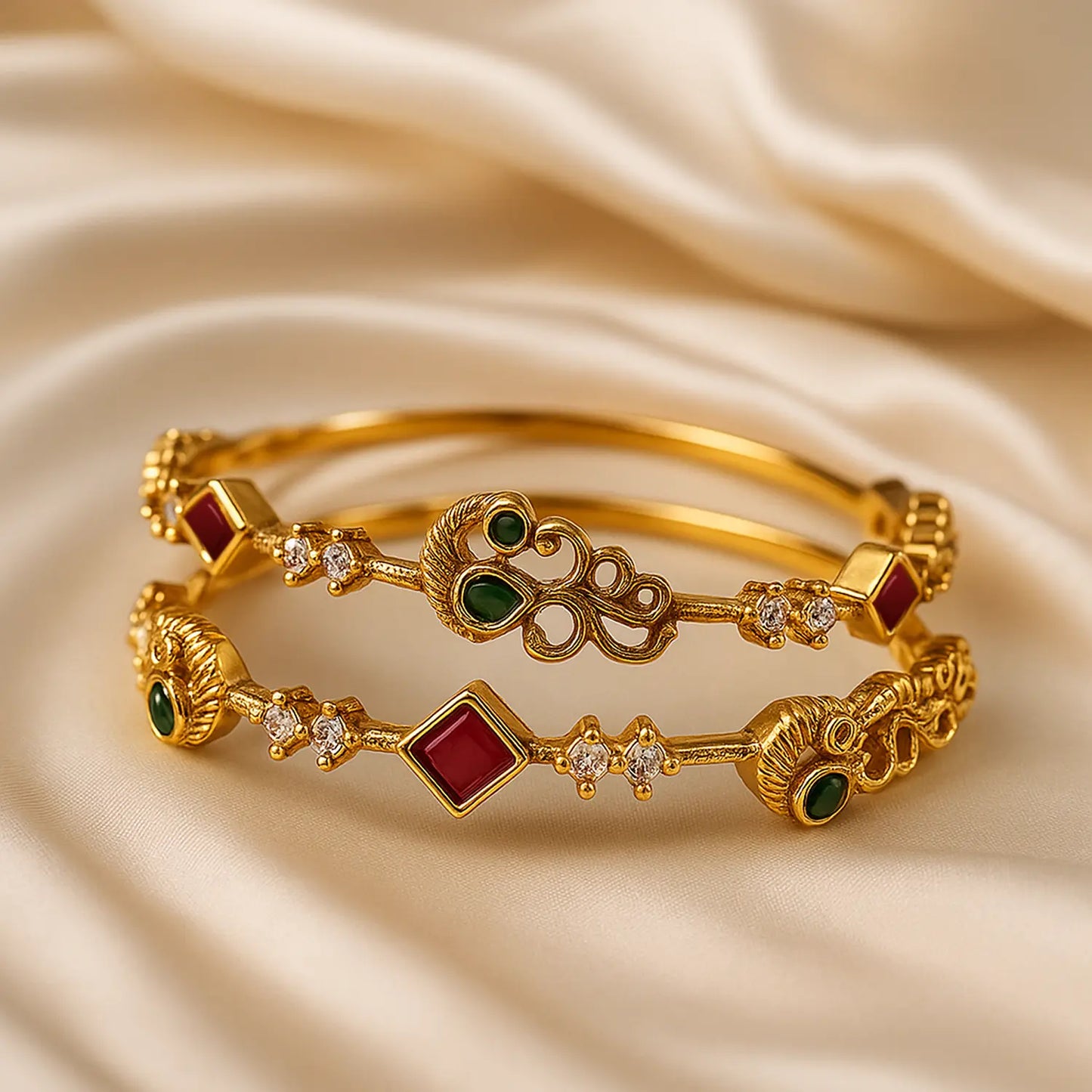 Gold bracelets with gemstones on a beige fabric background