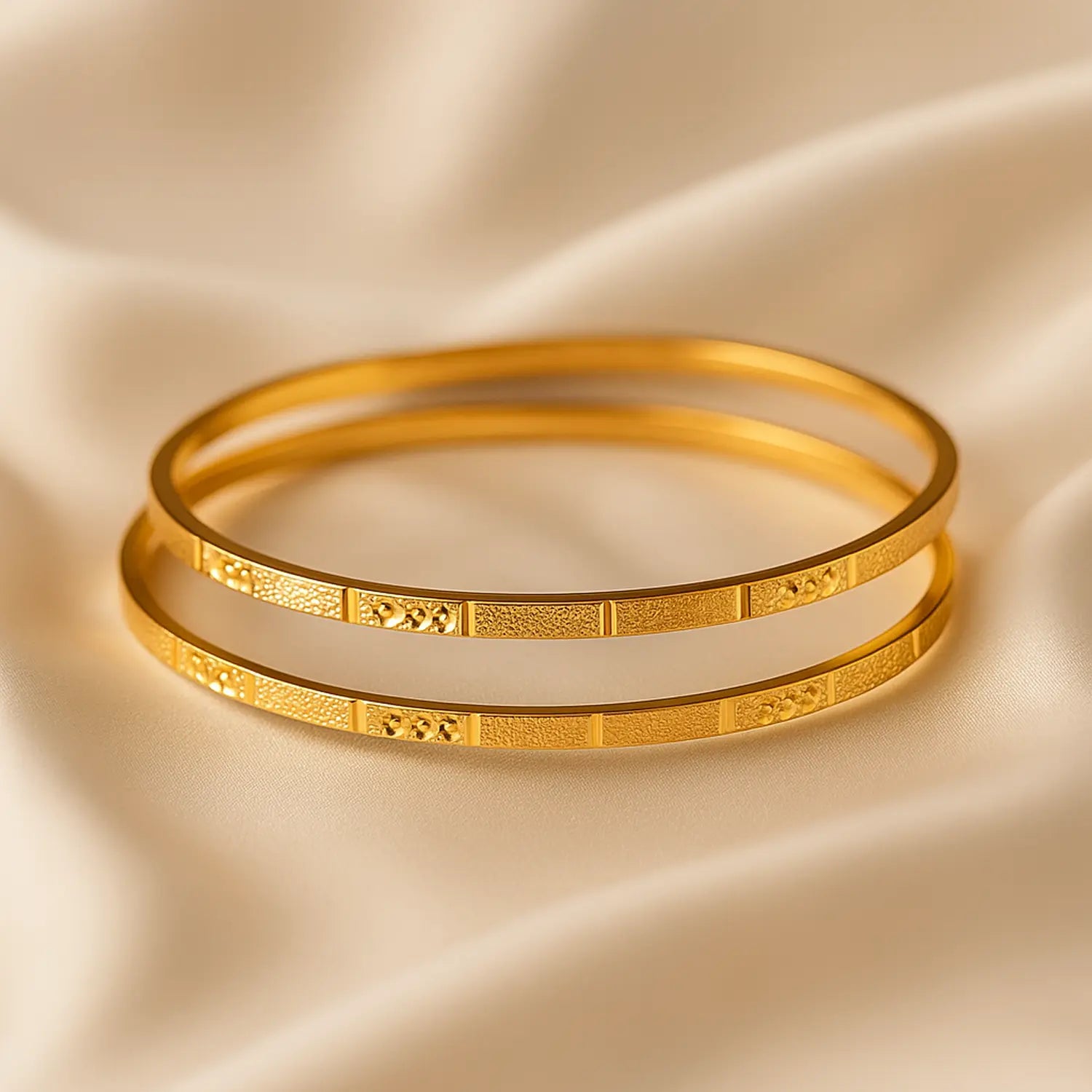 Two gold bangles on a beige satin background