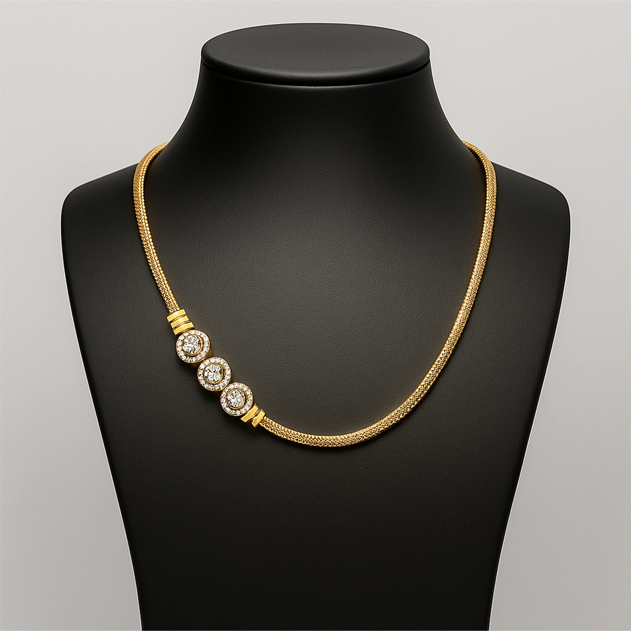 Gold necklace with three circular pendants on a black mannequin bust.