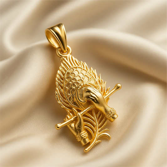 Gold pendant on a beige satin background