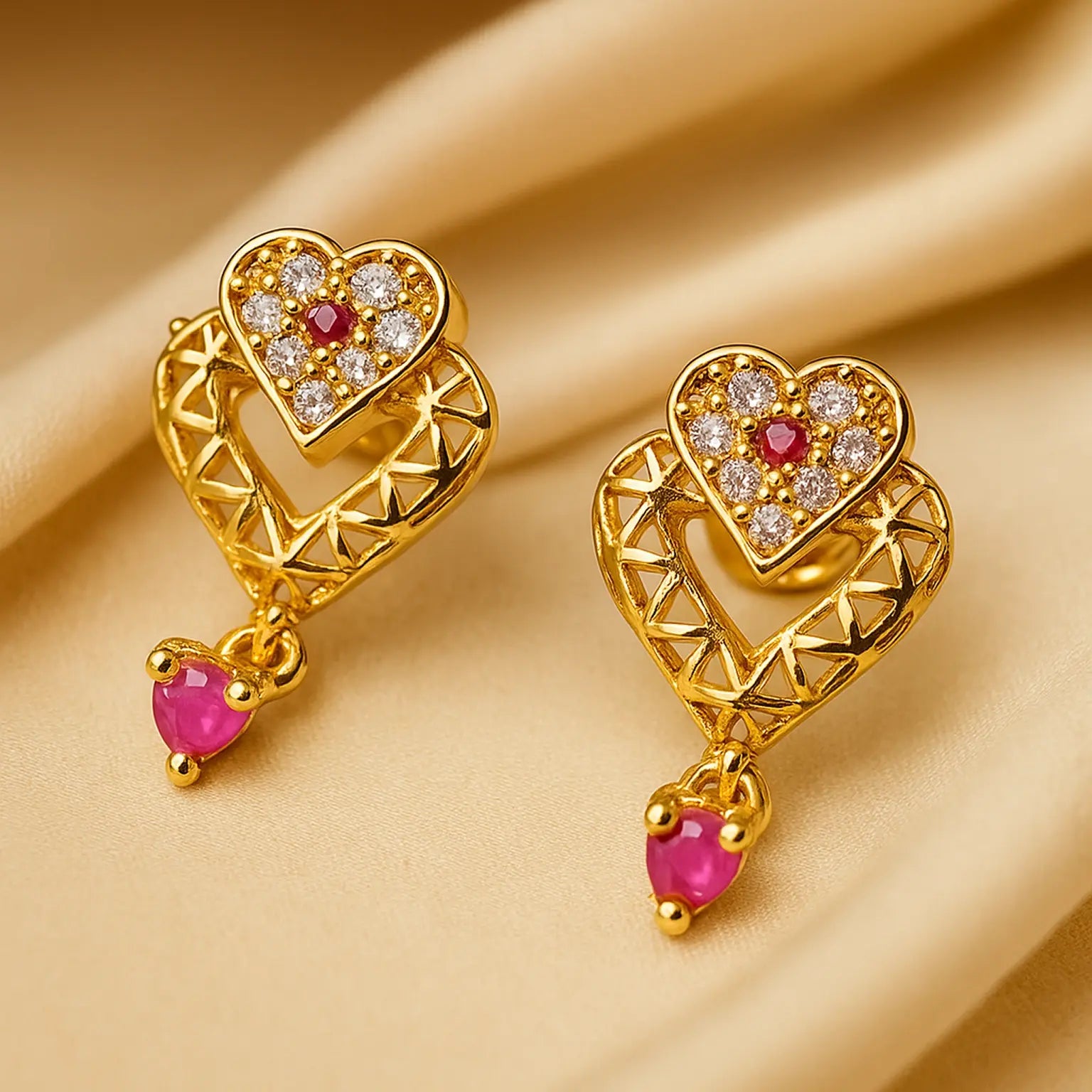 Gold heart-shaped earrings with red gemstones on a beige background