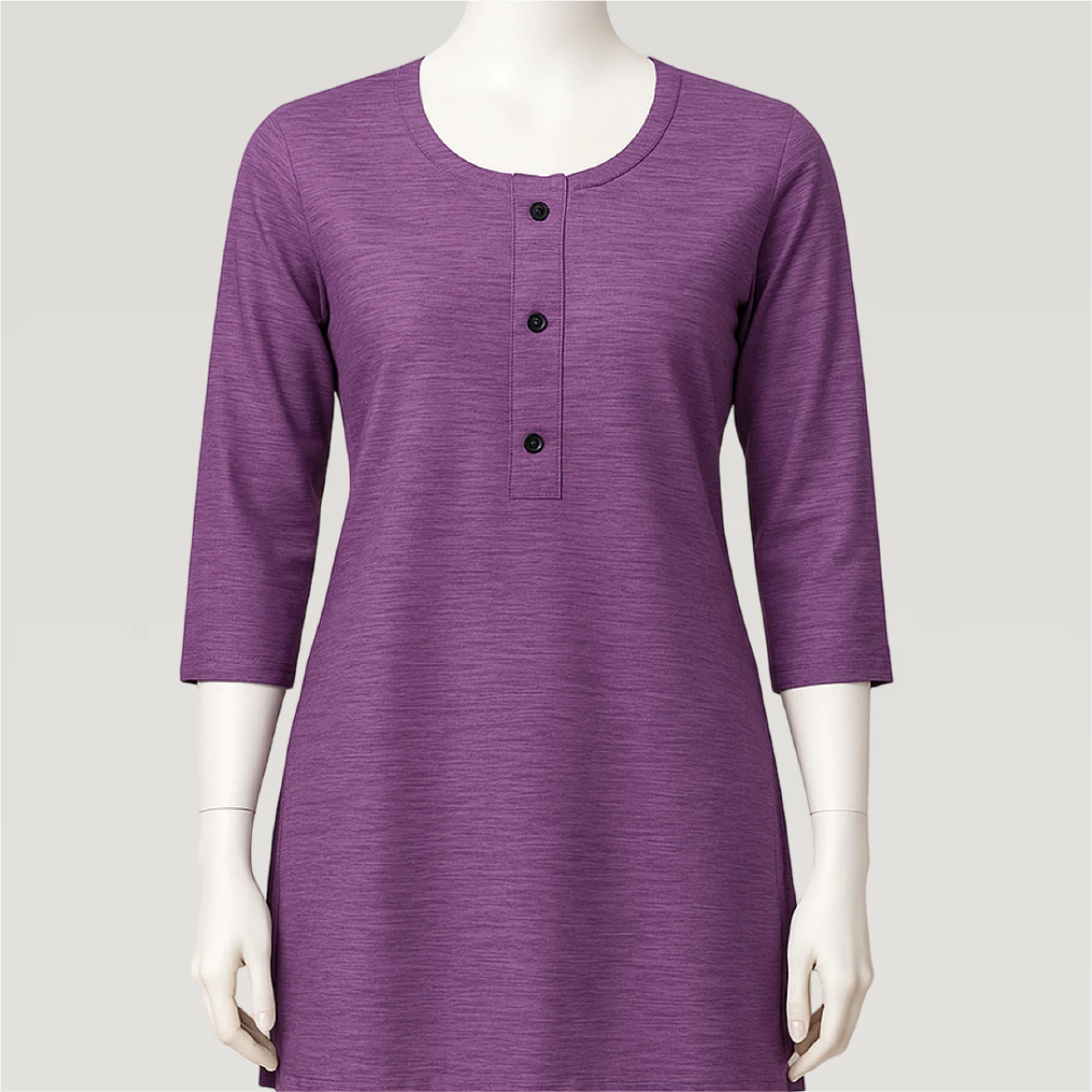 Purple dress on a mannequin against a white background