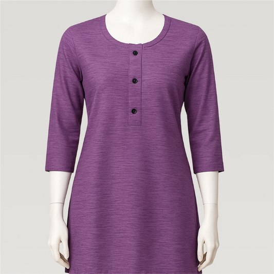 Purple dress on a mannequin against a white background