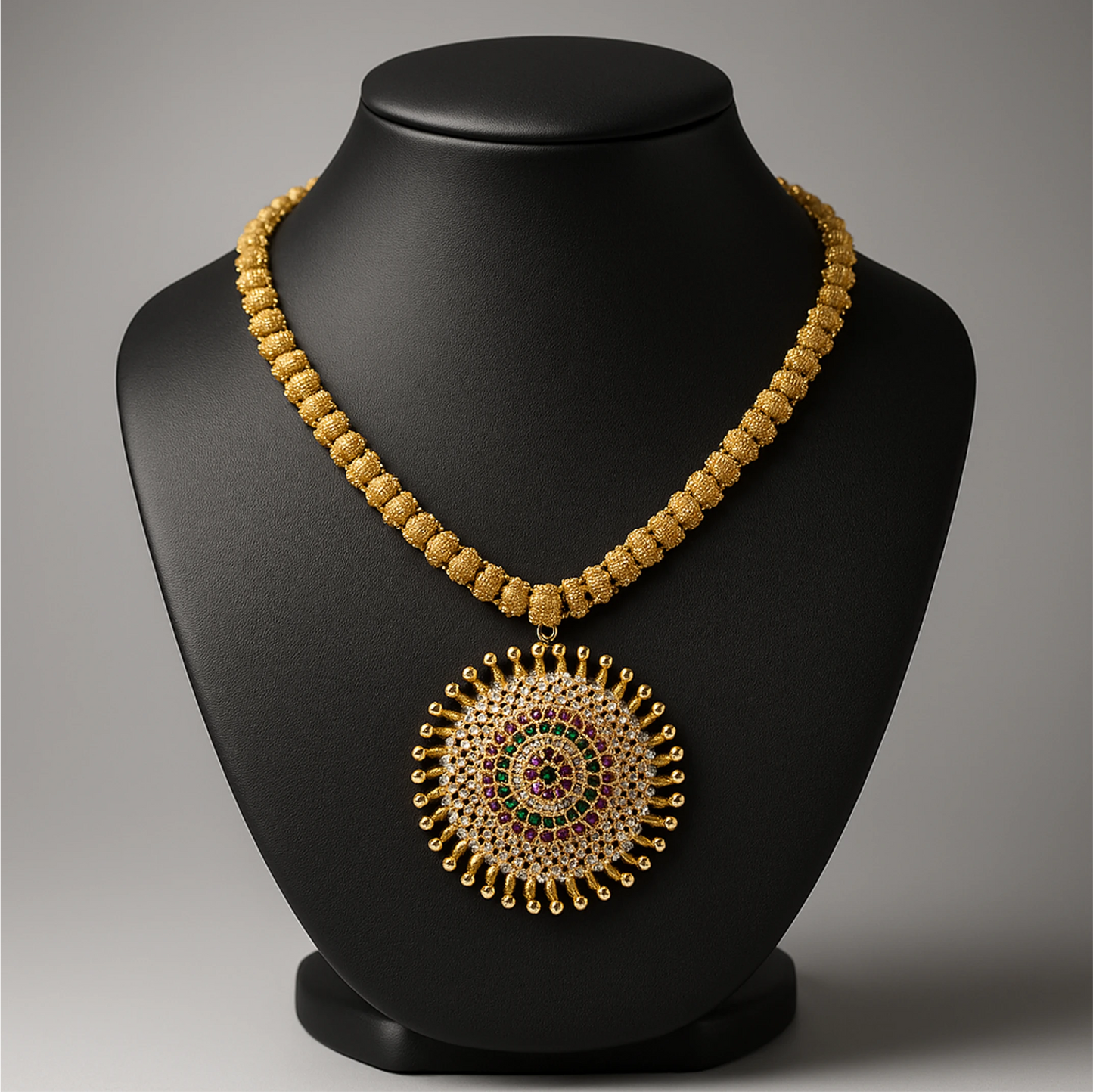 Gold necklace with a decorative pendant on a black mannequin bust against a gray background