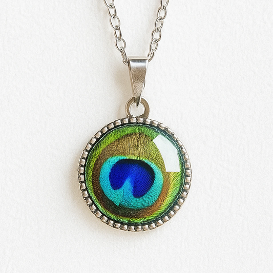 Peacock feather pendant necklace on a white background