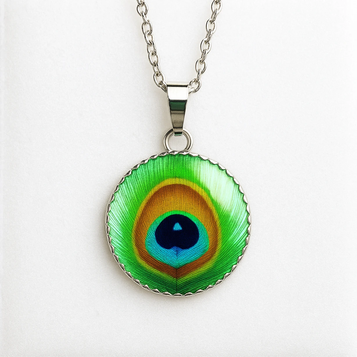 Necklace with a peacock feather pendant on a white background