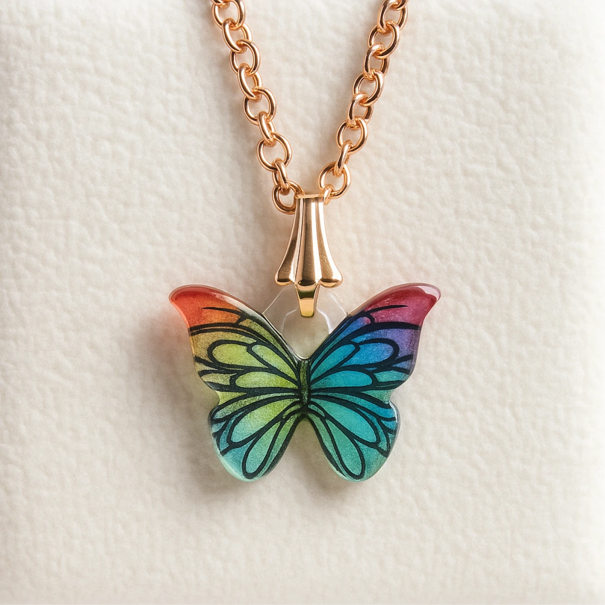 Butterfly-shaped pendant on a gold chain against a light background