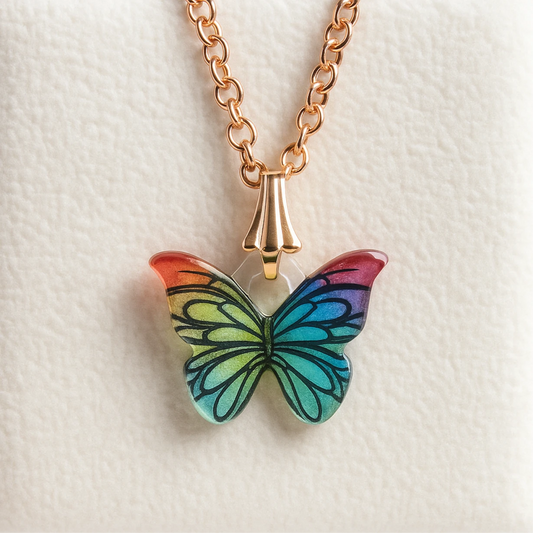 Butterfly-shaped pendant on a gold chain against a light background