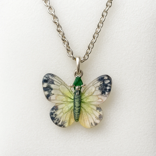 Butterfly-shaped pendant on a chain against a white background