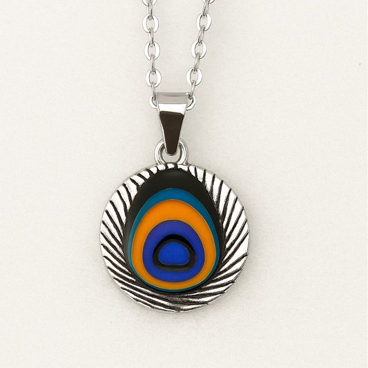 Necklace with a colorful circular pendant on a white background