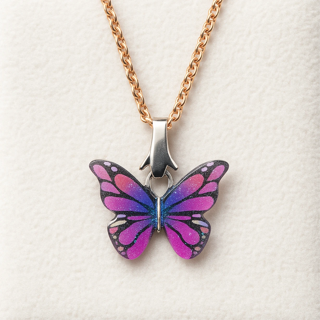 Butterfly pendant necklace on a light background