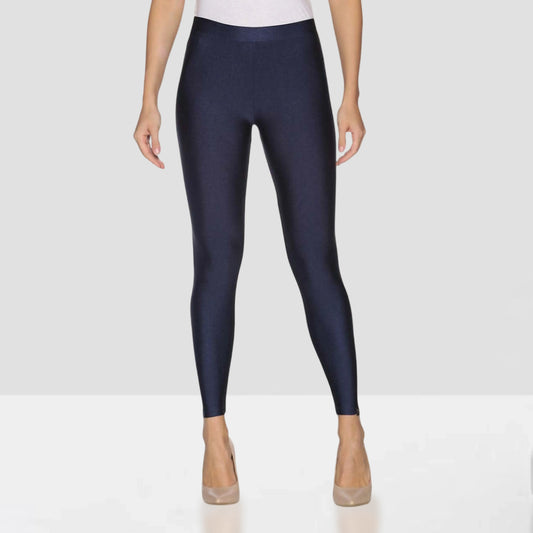 Navy leggings worn by a person on a white background
