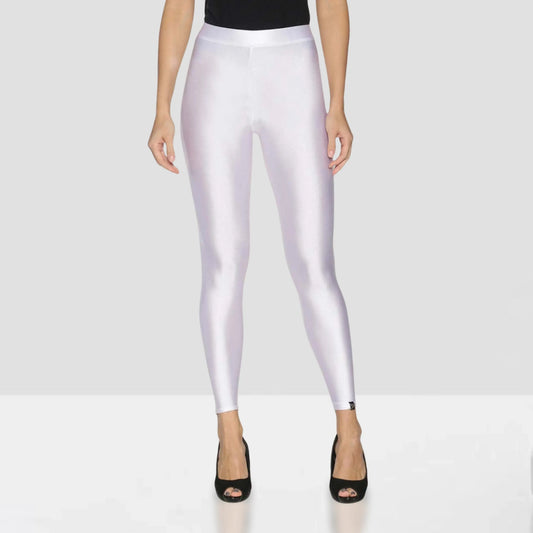 Person wearing shiny white leggings on a plain background