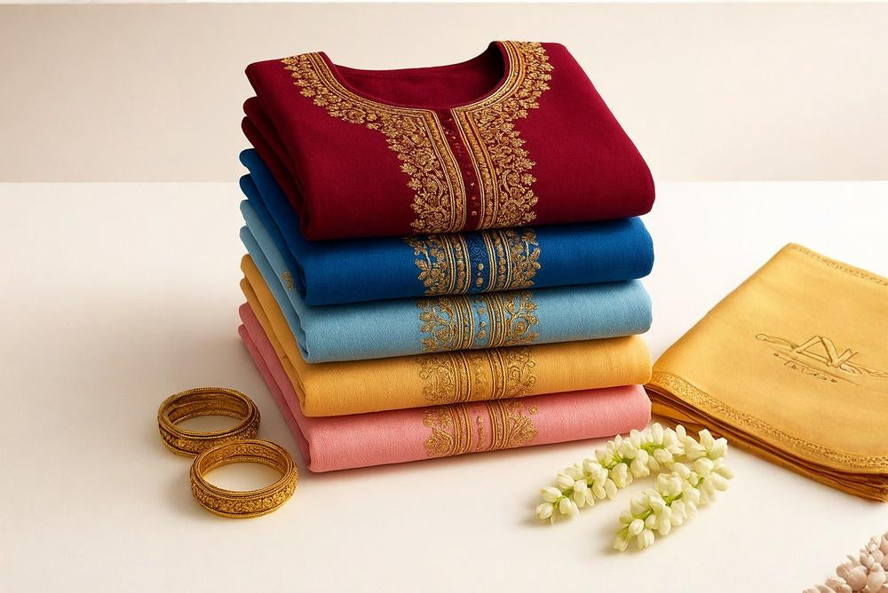 Stack of embroidered shirts in various colors with gold detailing, accompanied by bangles and a small bouquet on a light background.