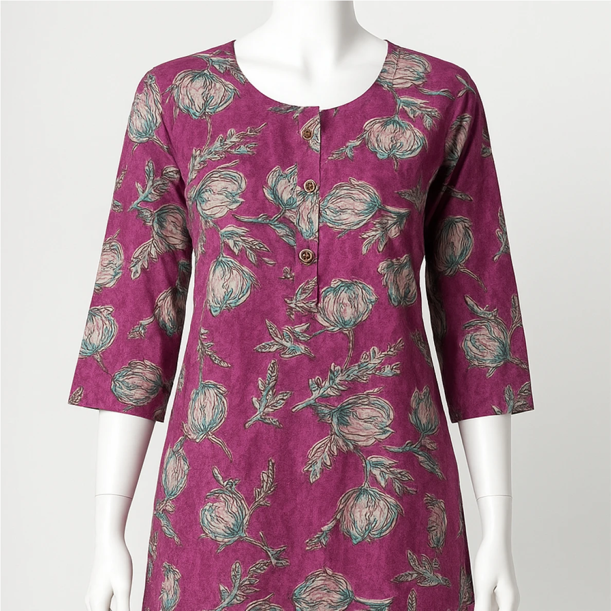 Purple dress with floral pattern on a mannequin against a white background
