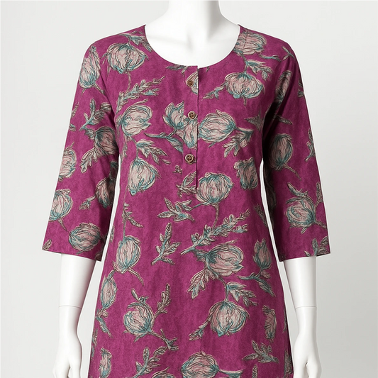 Purple dress with floral pattern on a mannequin against a white background