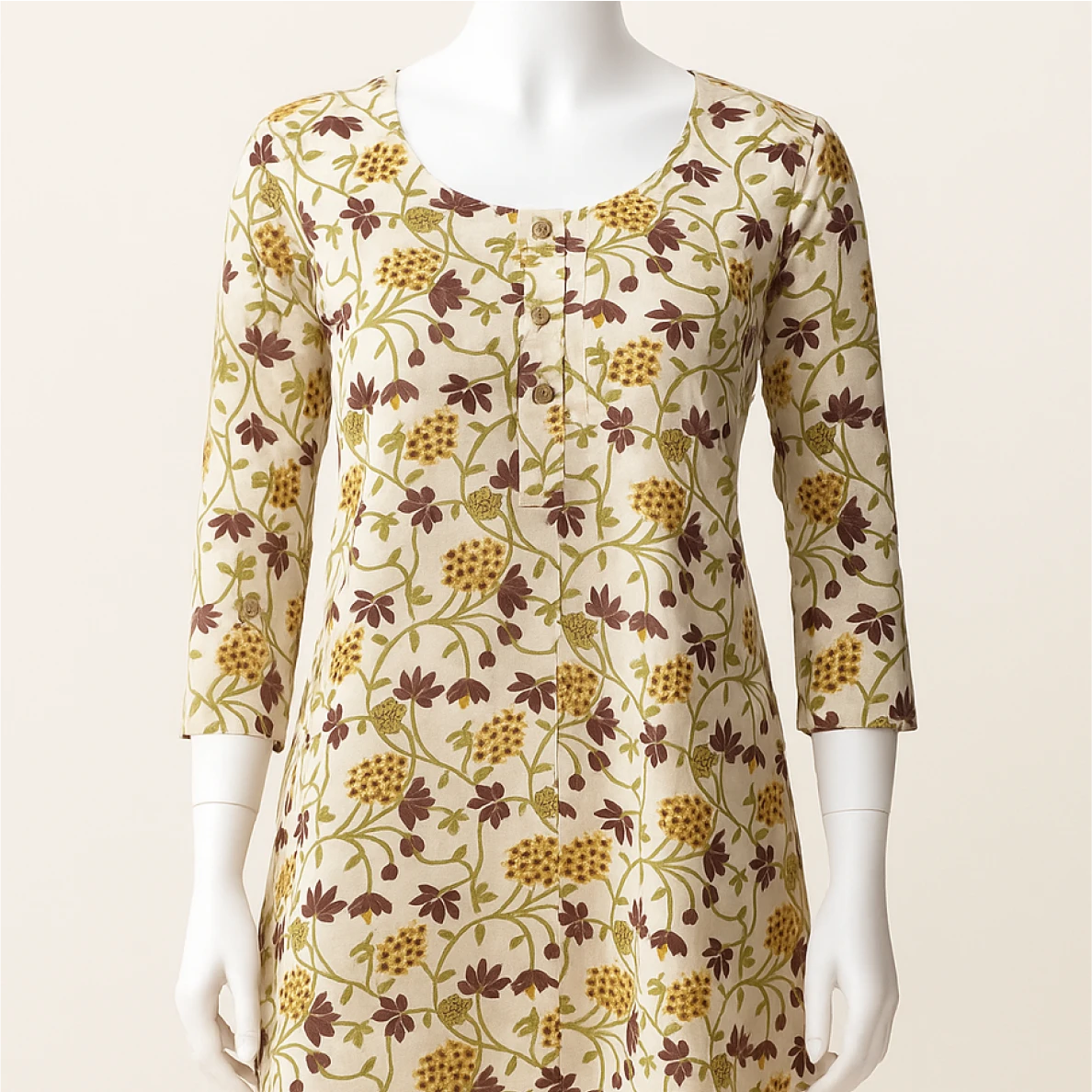 Floral patterned dress on a mannequin against a white background