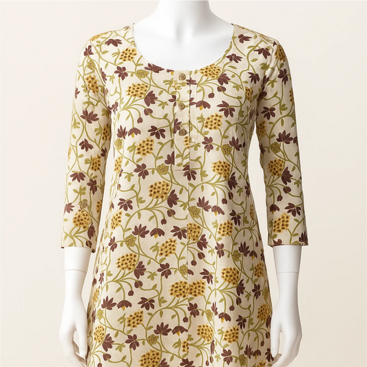 Floral patterned dress on a mannequin against a white background