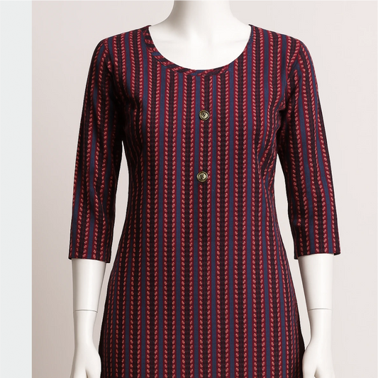 Red and blue patterned dress on a mannequin against a plain background