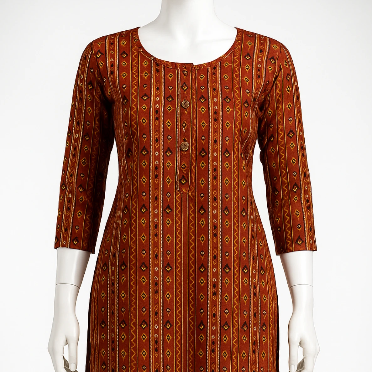 Brown patterned dress on a mannequin against a white background