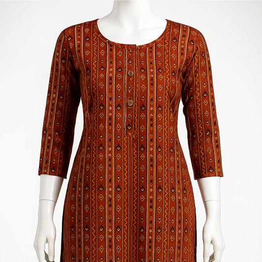 Brown patterned dress on a mannequin against a white background