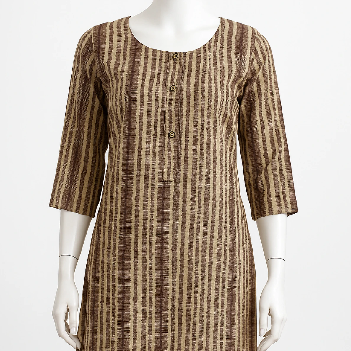 Brown and beige striped dress on a mannequin against a white background